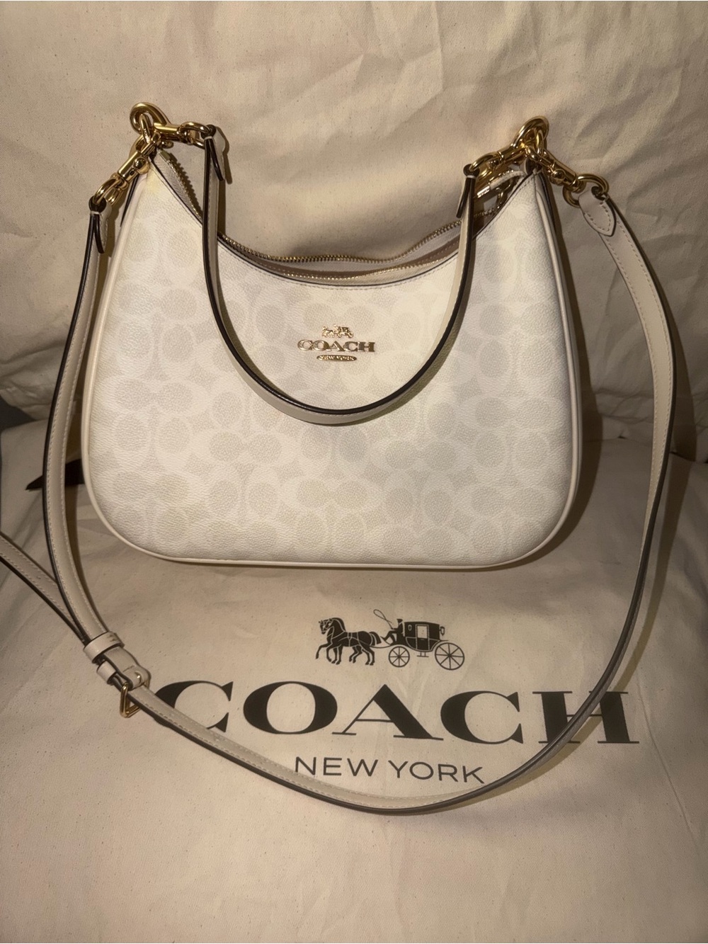 Coach Cream/White Signature Canvas Crescent Shoulder Bag with Gold Hardware